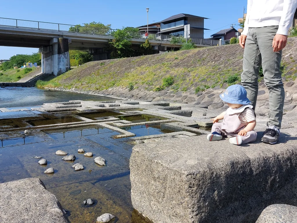 A baby sitting on a rock in Kamogawa River in Kyoto Japan