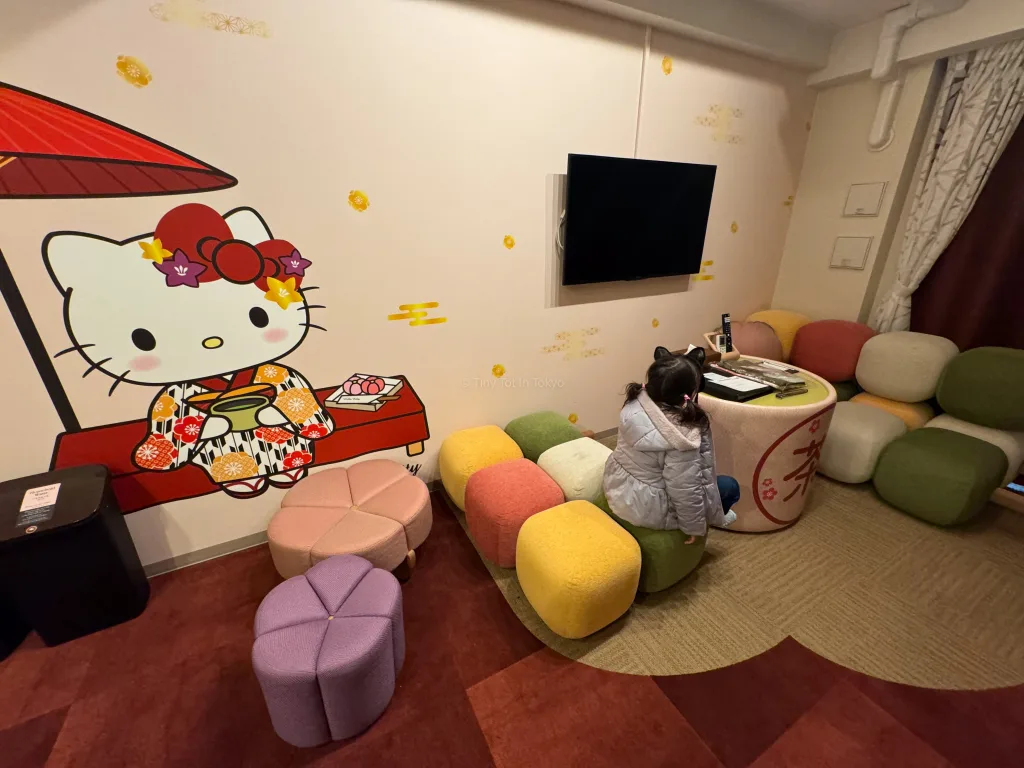 Sitting area at the Hello Kitty Hotel Room in Japan at RESI STAY KYOTO