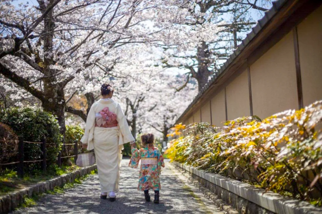 the author and her daughter wearing kimono in Kyoto