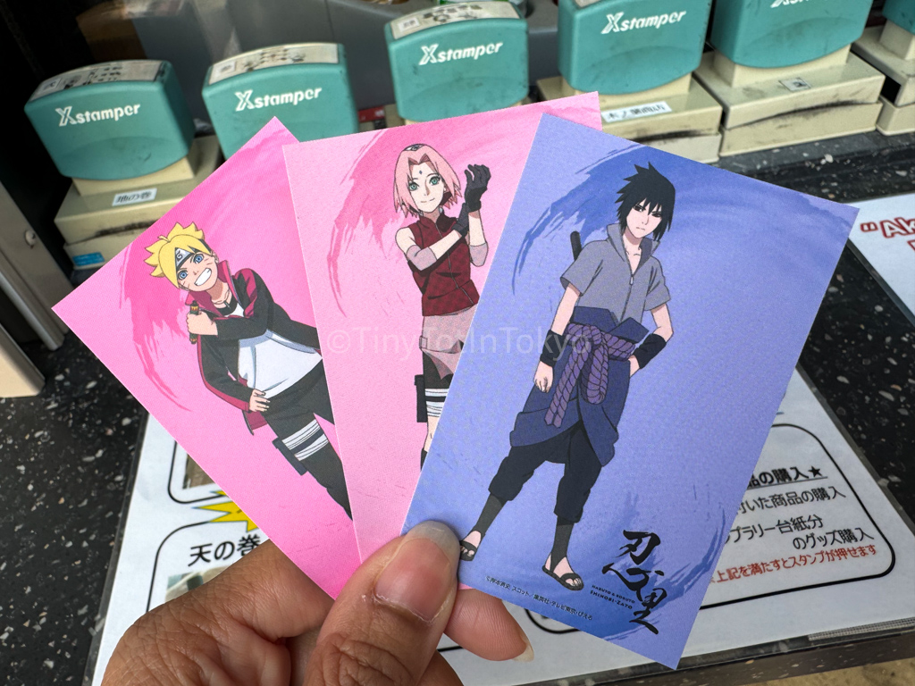 Stickers of Boruto, Sakura and Sasuke from the naruto theme park in Japan