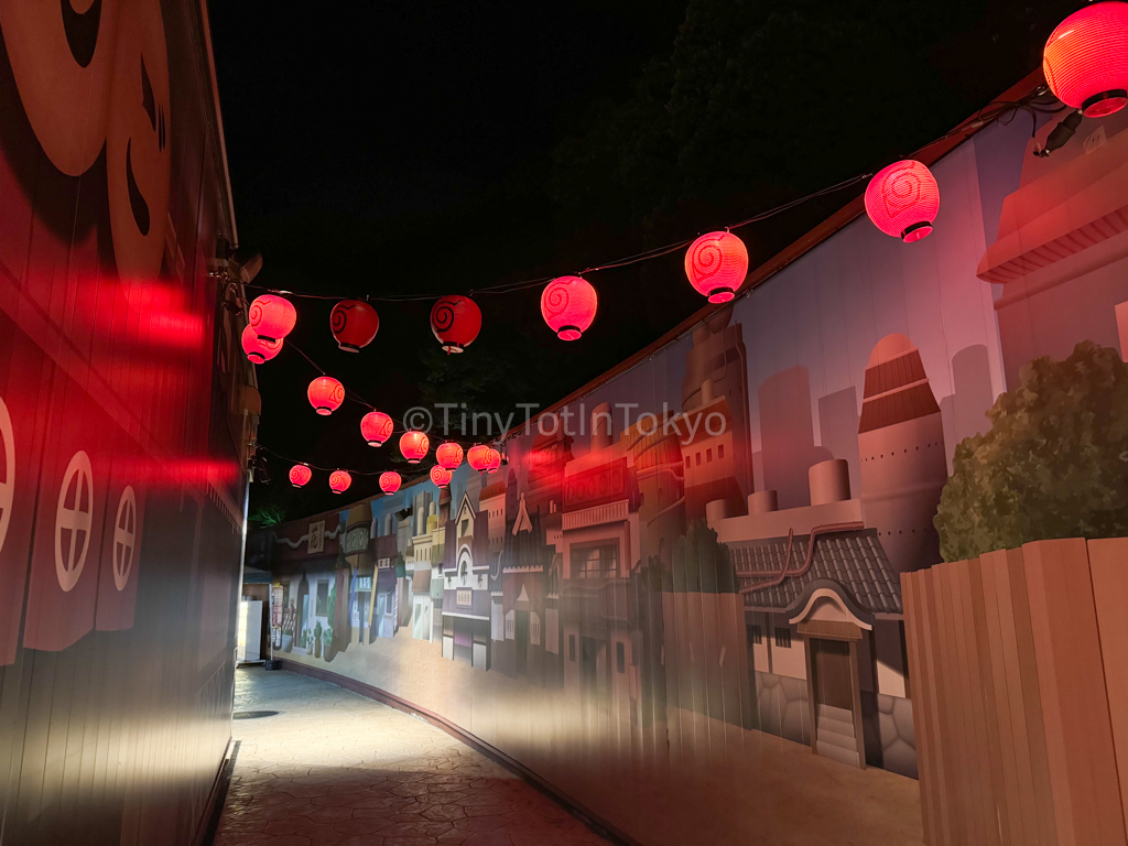 Lit up lanterns at the Naruto theme park in Japan