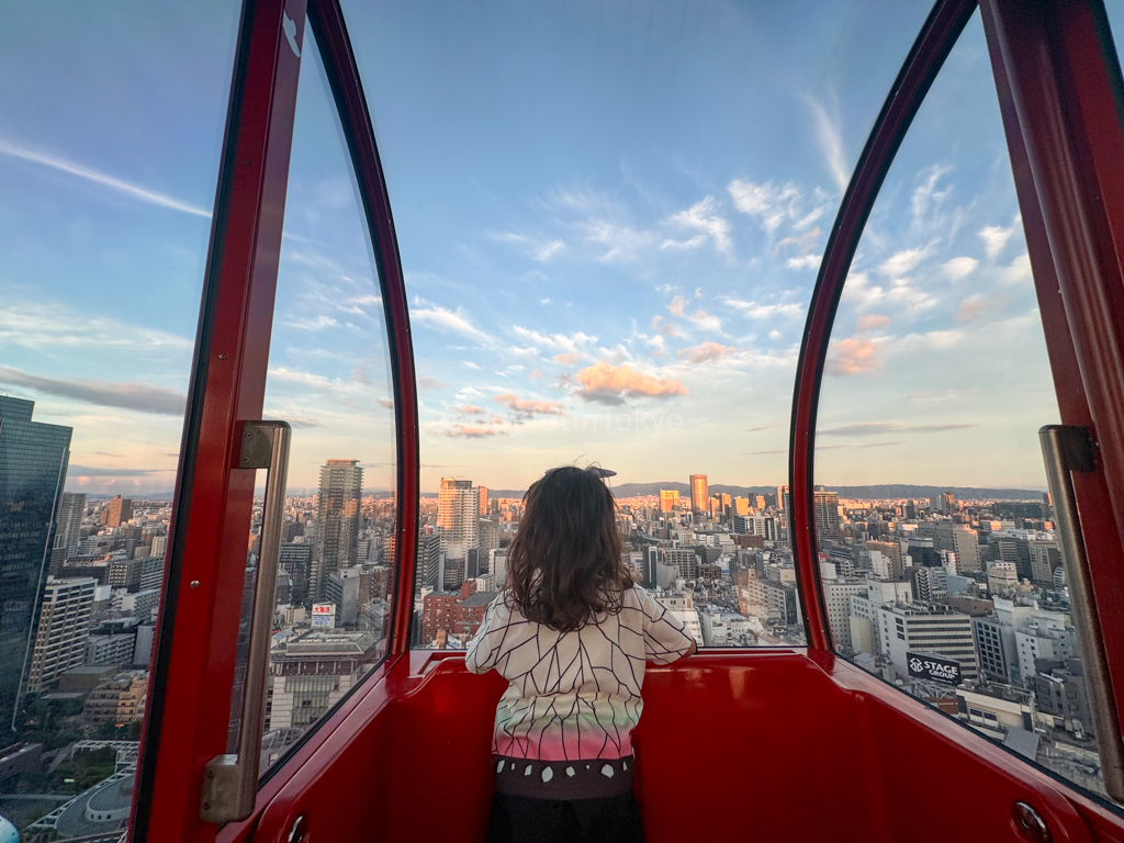 Kid riding the HEP FIVE Ferris Wheel in Osaka Umeda and view