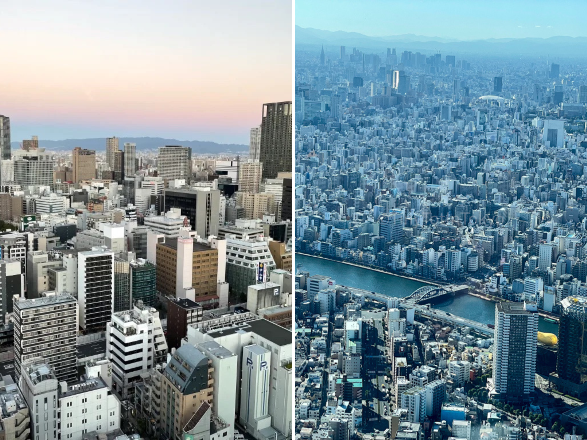 Skylines of Osaka and Tokyo