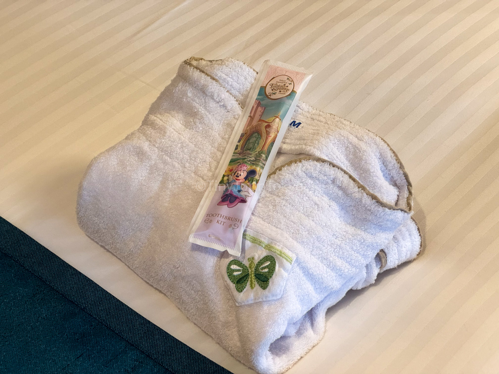 Childrens pajamas and toothbrush in Fantasy Chateau room at Fantasy Springs Hotel