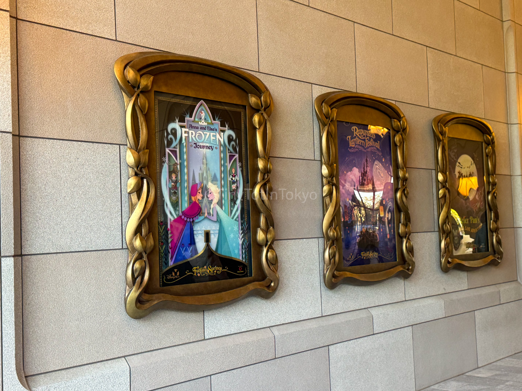 Frozen, Rapunzel and peter pan posters outside of fantasy springs disneysea entrance