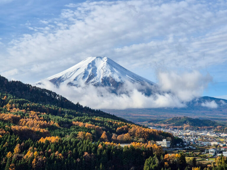 A glamping site in Japan showing a beautiful view of Mount Fuji