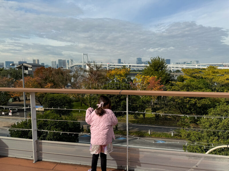 a child looking at Odaiba Marine Park from DECKS