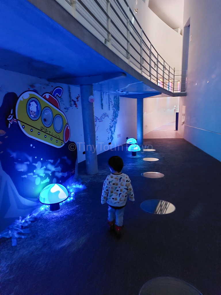 A boy walking in the Hotaruika Museum in Toyama