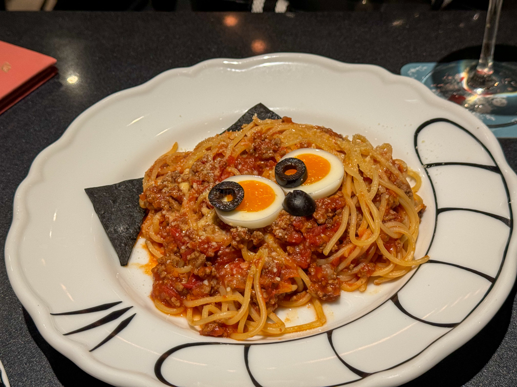 Cheshire Cat pasta at Alice in Fantasy Book restaurant in Tokyo Japan 