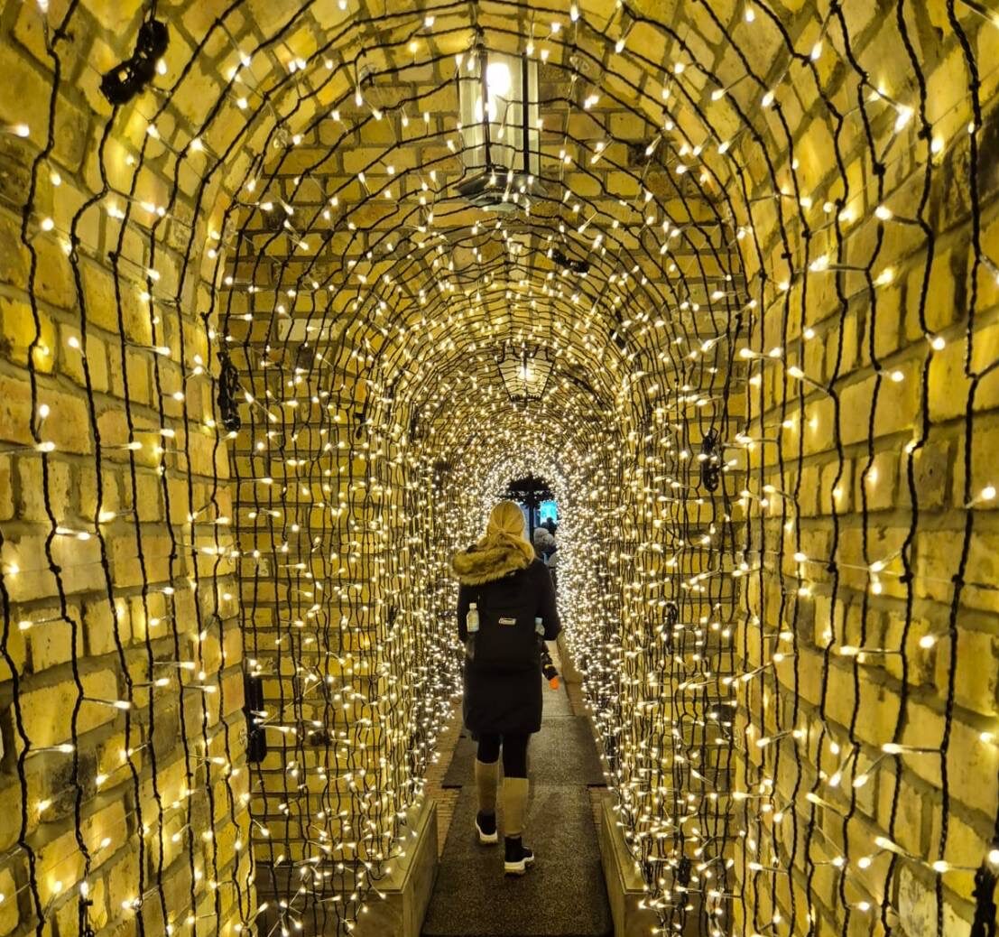 Lisa walking through some yellow and gold christmas illuminations in Japan