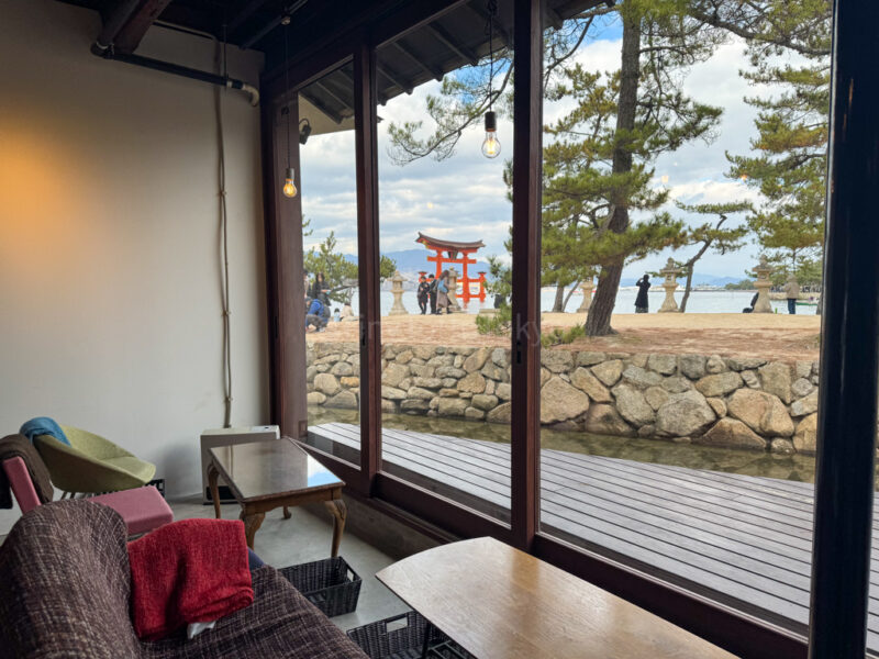 View of the Grand Torii Gate in Miyajima from Cafe Lente