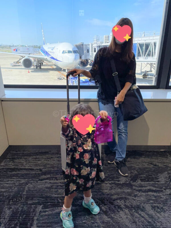 A family traveling by plane in Japan
