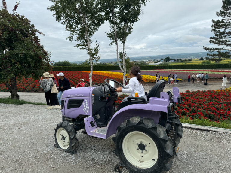 A child riding a tractor in Furano Hokkaido