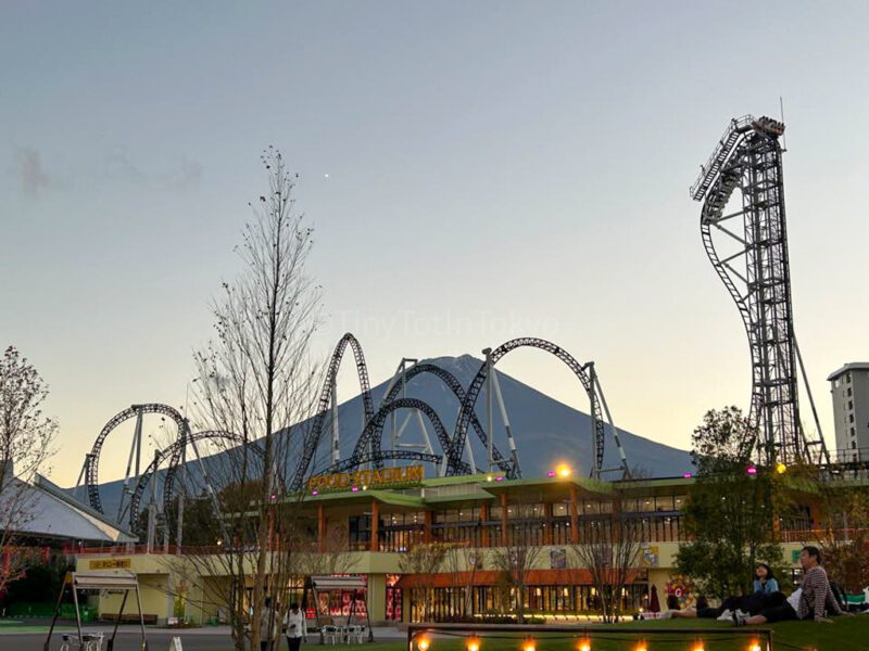 Fuji Q Highland roller coasters with mount fuji in background