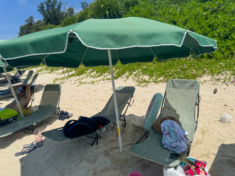 Rental chairs and parasol at Aharen Beach in Tokashiki 