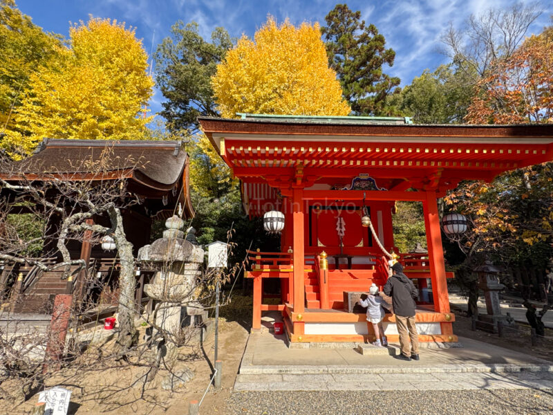 a child and parent praying at a shrine in Kyoto