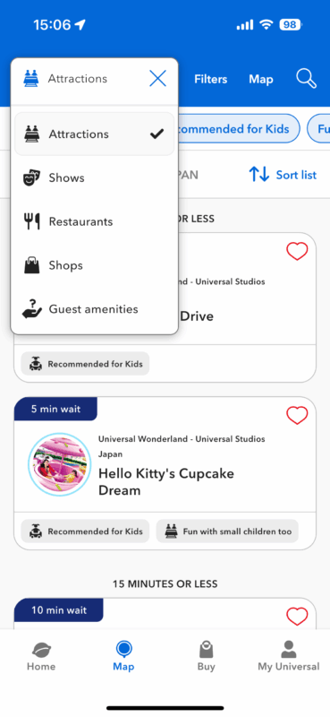 Wait times and show schedule on USJ app