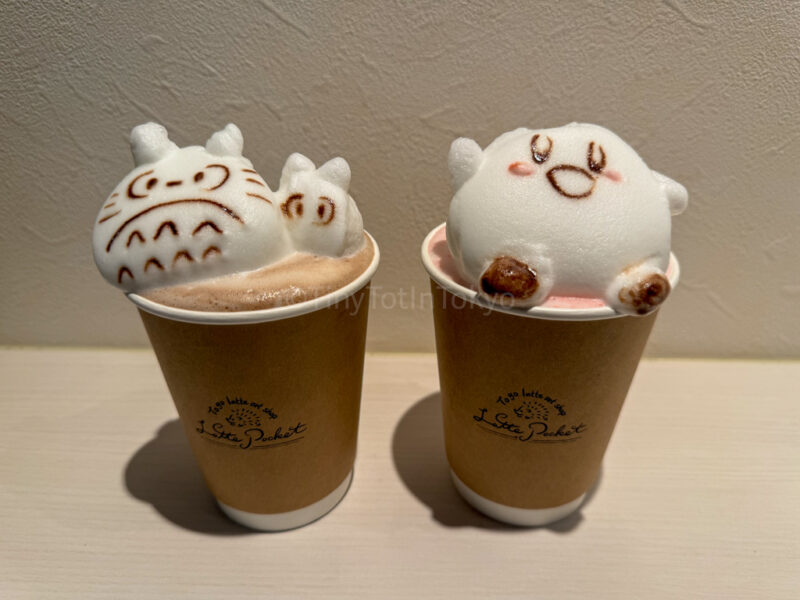 Latte art from Harajuku Kirby and Totoro