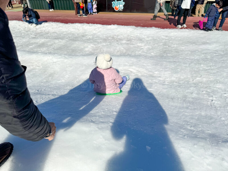 A child sledding at Hirakata Park