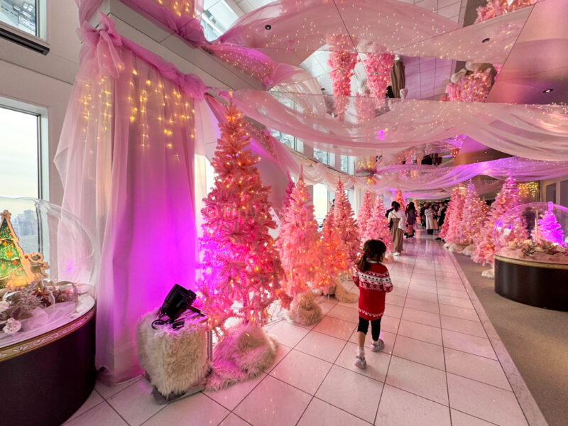 A child walking among Sky Building Observatory Christmas Trees