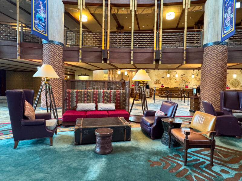 seating in lobby at Hong Kong Disneyland Explorers Lodge 