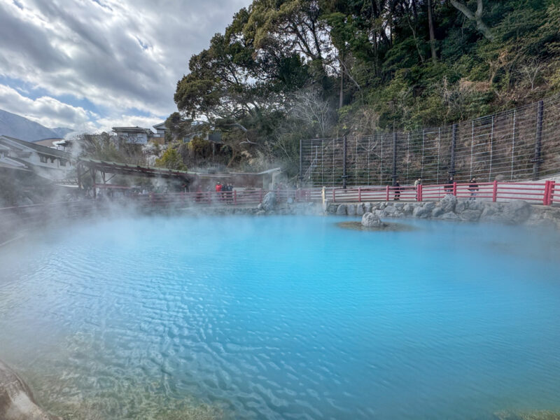 blue onsen water at Kamado Jigoku at Hells of Beppu