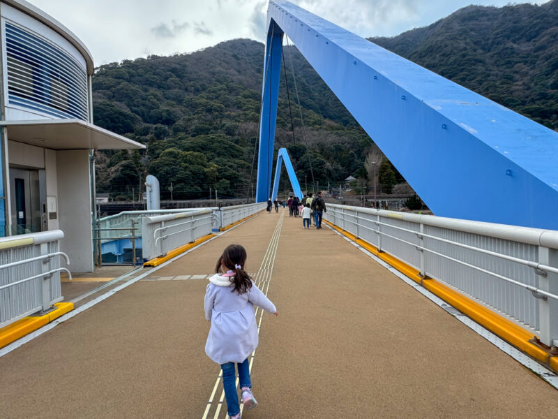 a child walking along a bridge to Takasakiyama Natural Zoological Garden