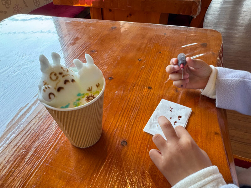 a child drawing a face on totoro latte in yufuin