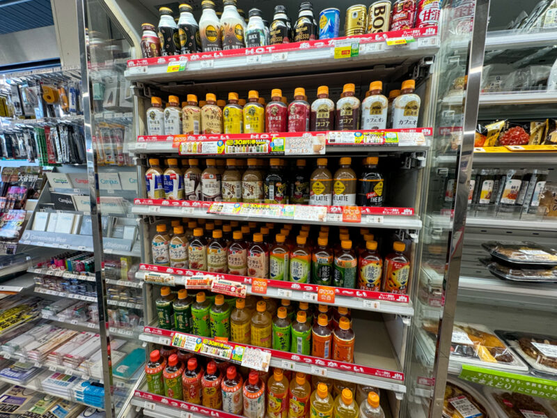 Hot bottled and canned drinks at a convenience store in Japan