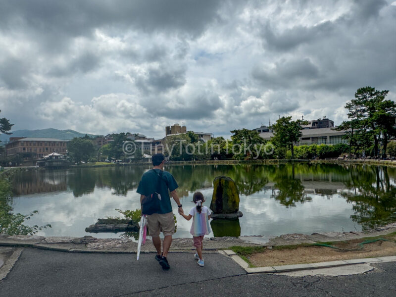 a child and parent at Sarukawa Ike pond in Nara