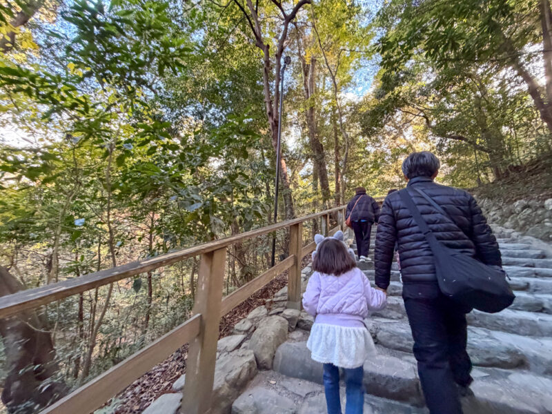 a parent and child going up stairs at Ise Jingu