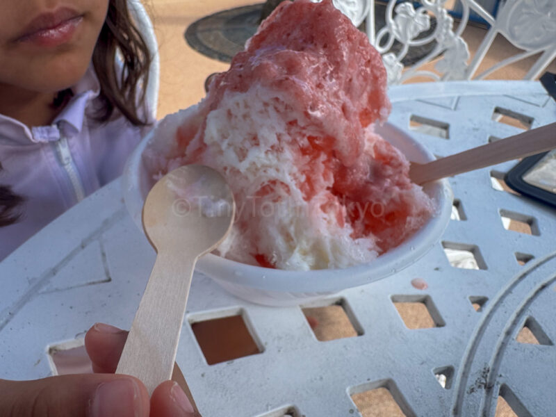 a child enjoying kakigori at Nagashima Water Park Jumbo Seawater Pool