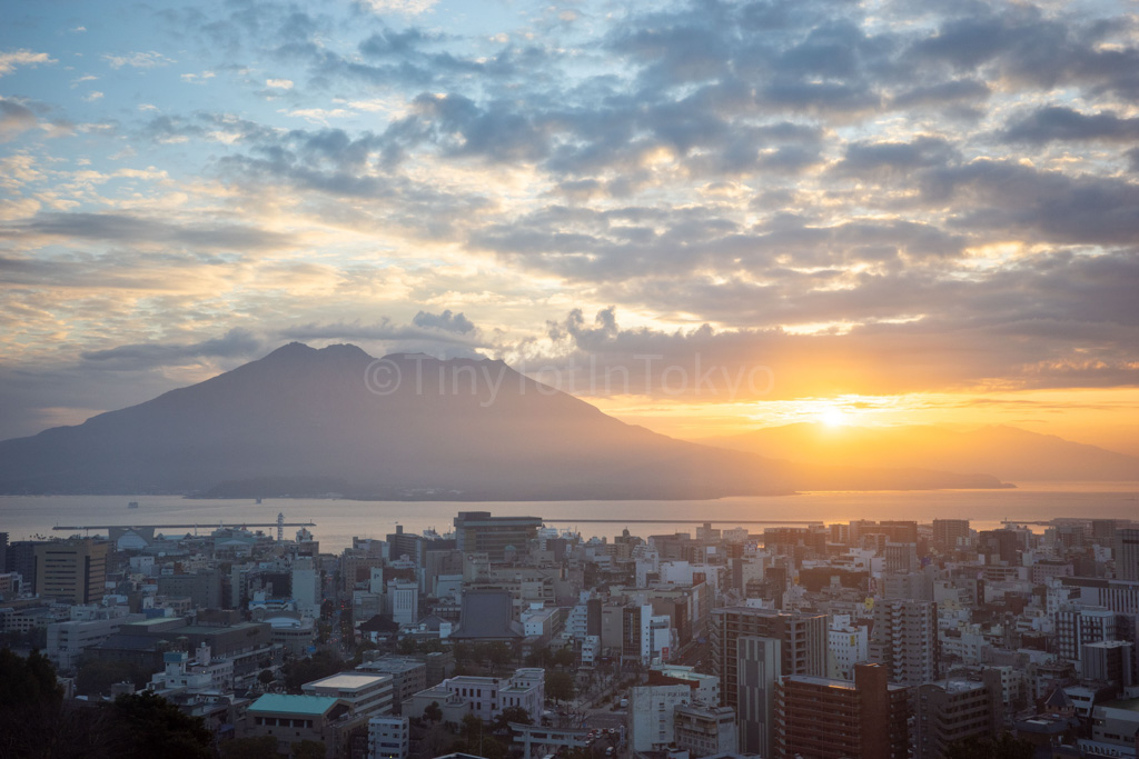 Sakurajima in Kagoshima during sunrise from Shiroyama Hotel