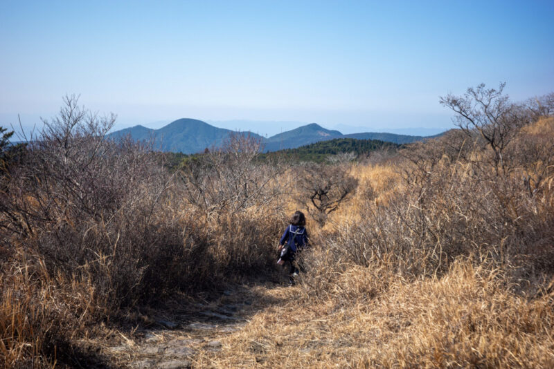 a child hiking Takachihogawara in kagoshima