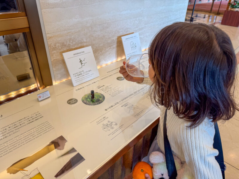 child trying aroma bar at Shiroyama hotel kagoshima