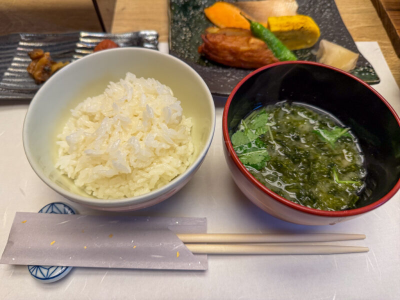 miso soup and seaweed as well as rice for breakfast at Shikinoyado Meisui ryokan in Kagoshima