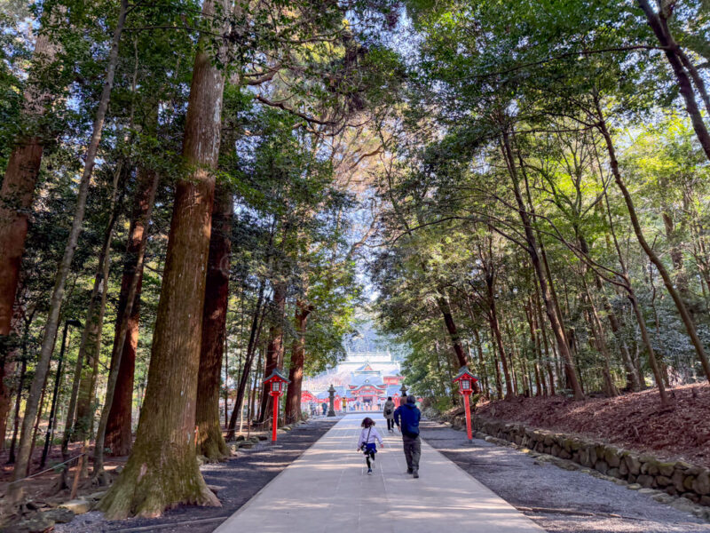 a parent and child walking to kirishima shrine in kagoshima