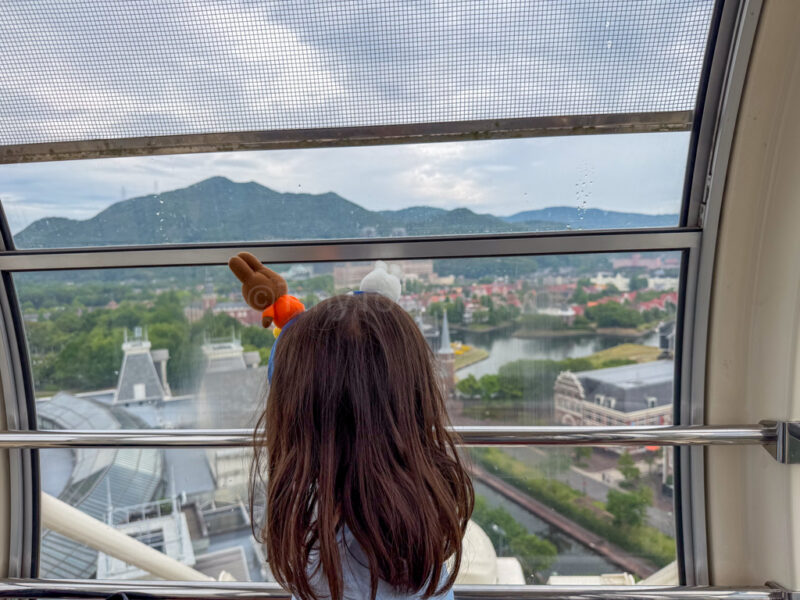 child looking out the ferris wheel at huis ten bosch