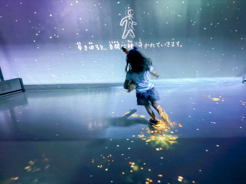 child stepping on flowers at flower fantasia in huis ten bosch