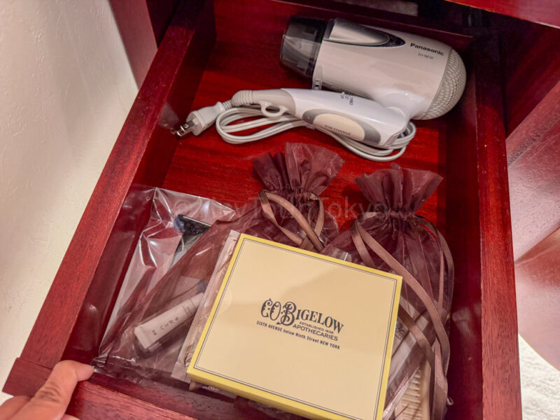 amenities and hair dryer at Hotel Europe at Huis Ten Bosch