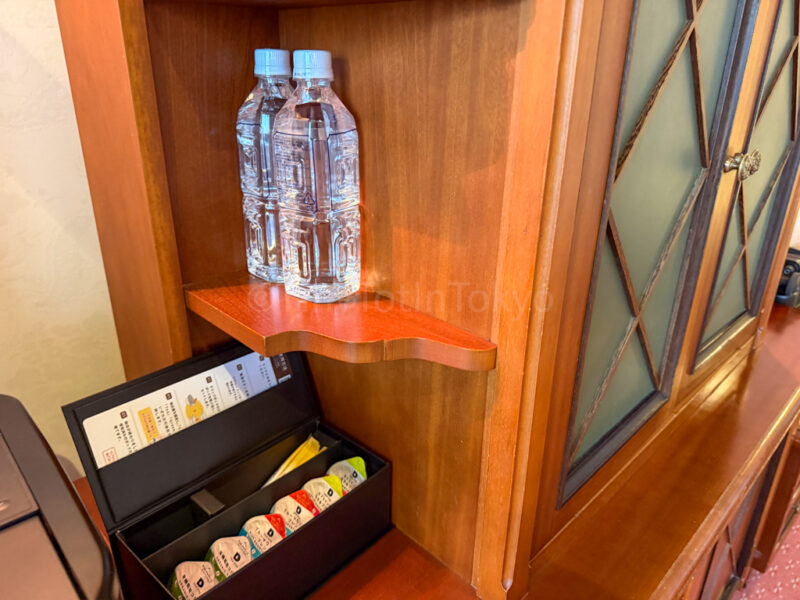 water bottles in deluxe room at Hotel Europe at Huis Ten Bosch