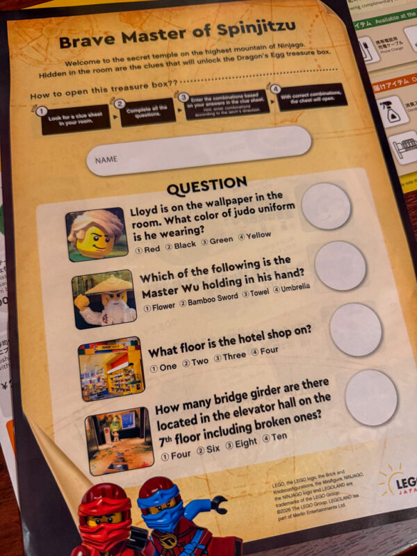 quiz sheet for treasure box in Ninjago room at the legoland japan hotel
