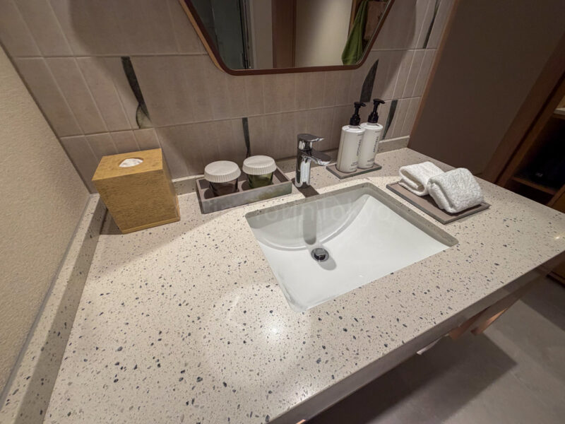 bathroom counter in twin deluxe room at canopy by hilton in okinawa miyako island